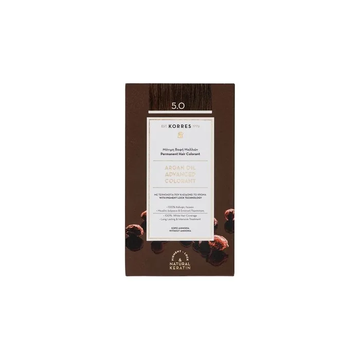 KORRES Argan Oil Colorant Ammonia-Free Hair Color Light Brown 5.0 100% Gray Coverage and Vegan