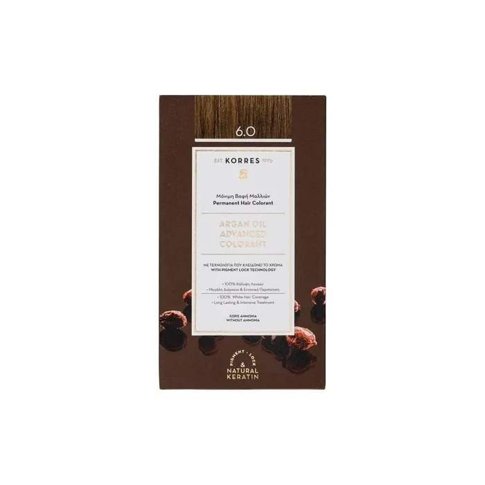 KORRES Argan Oil Ammonia Free Hair Colour Dark Blonde 6.0 100% Grey Hair Coverage Vegan Long-Lasting Result