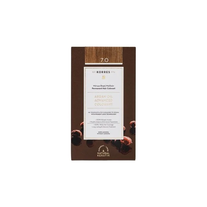 KORRES Argan Oil Colorant Ammonia-Free Hair Color Medium Blonde 7.0 100% Gray Coverage and Vegan