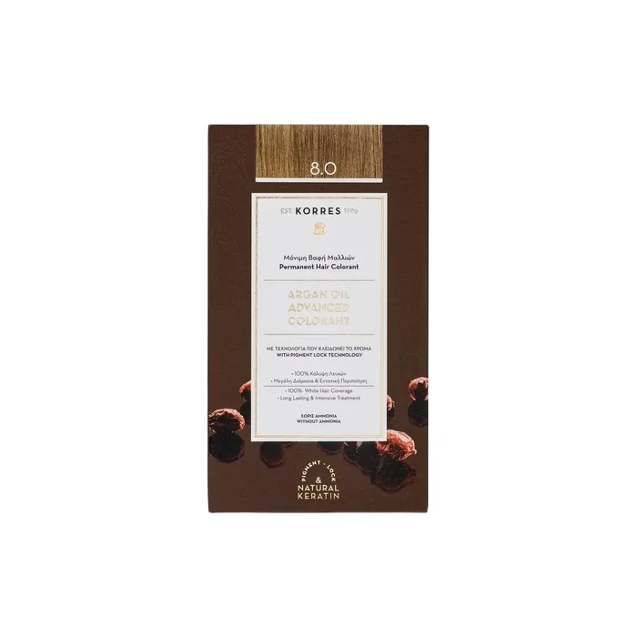 KORRES Argan Oil Colourant Ammonia-Free Hair Colour Light Blonde 8.0 100% Grey Hair Coverage Vegan Long-Lasting Result