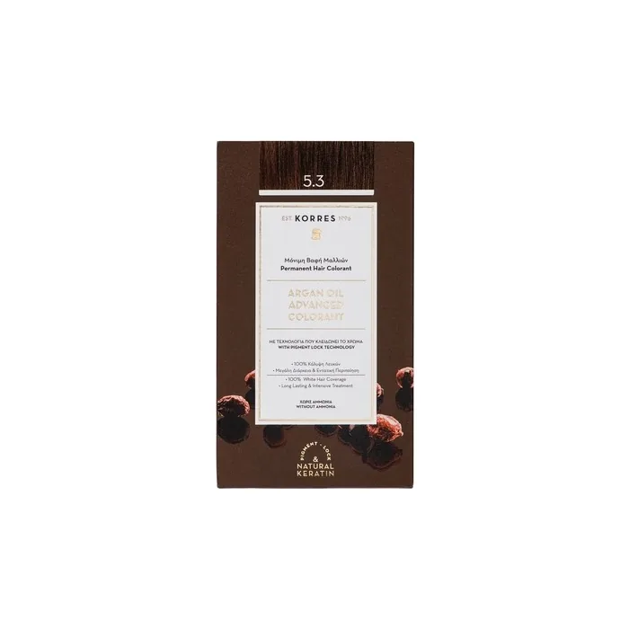 KORRES Argan Oil Colorant Ammonia-Free Hair Color Light Brown Gold 5.3 100% Gray Coverage and Vegan for Long-Lasting Color Result
