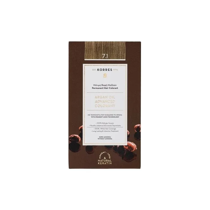 KORRES Argan Oil Colourant Ammonia Free Hair Colour Ash Blonde 7.1 100% Grey Hair Coverage & Vegan