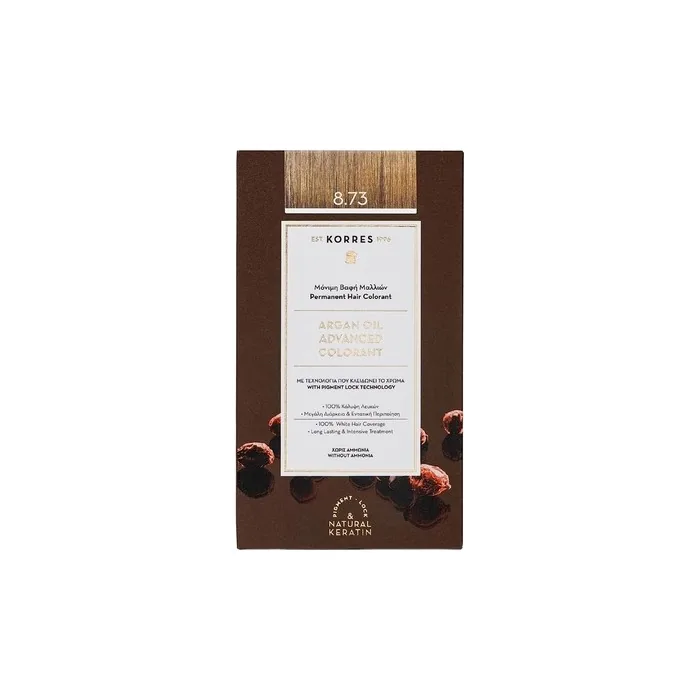 KORRES Argan Oil Colorant Golden Caramel 8.73 Ammonia-Free Hair Color 100% Gray Coverage and Vegan