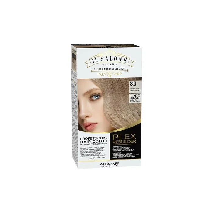 Il Salone Milano Plex Rebuilder Permanent Hair Color Cream 8.0 Light Blonde Professional Hair Dye Kit - Paraffin, Paraben, and Alcohol Free
