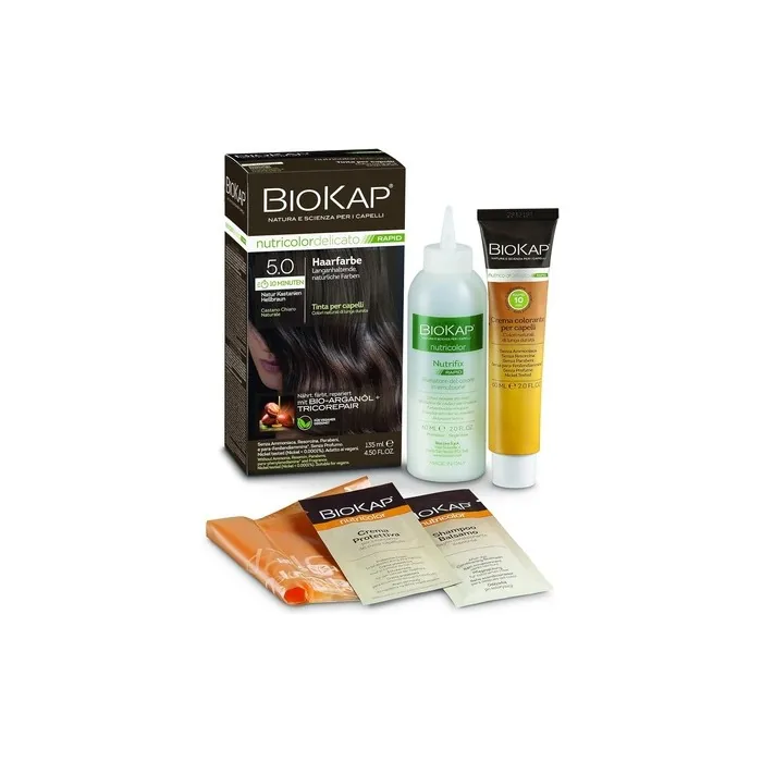 BIOKAP RAPID Permanent Hair Colour 5.0 Natural Chestnut Light Brown 10 Minutes Reaction Time Organic Argan Oil TricoREPAIR Complex Vegan Optimal Grey Coverage Up to 80% Natural Ingredients