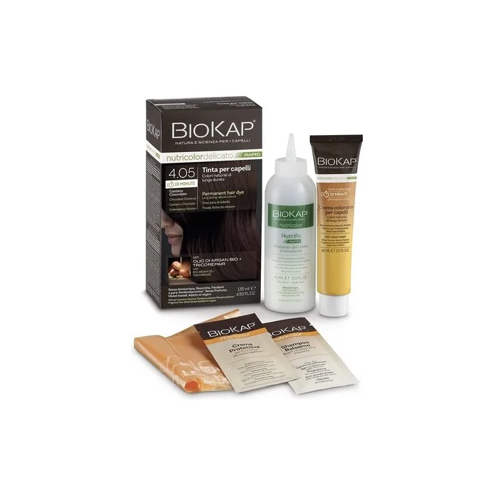 BIOKAP RAPID Permanent Hair Colour 4.05 Chocolate Chestnut Brown 10 Minutes Reaction Time Organic Argan Oil TricoREPAIR Complex Vegan Optimal Grey Coverage Up to 80% Natural Ingredients