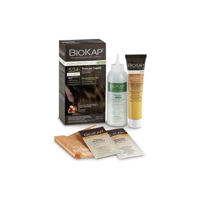BIOKAP RAPID Permanent Hair Colour 5.34 Honey Chestnut Brown 10 Minutes Reaction Time Organic Argan Oil TricoREPAIR Complex Vegan Optimal Grey Coverage Up to 80% Natural Ingredients