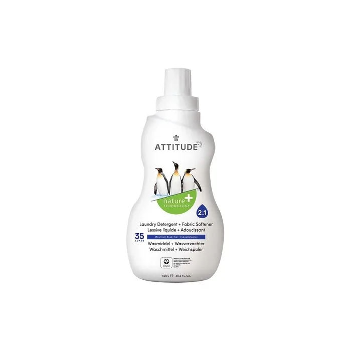 ATTITUDE 2-in-1 Laundry Detergent & Fabric Softener with Plant and Mineral-Based Ingredients 1.05 Litres Mountain Essential
