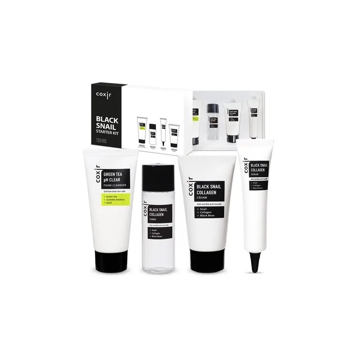 [coxir] Black Snail Collagen Starter Kit Foam Cleanser+Toner+Serum+Cream Black-3-Complex: Black Rice, Bean, Sesame, Snail Mucin, Collagen Repairing&Firming