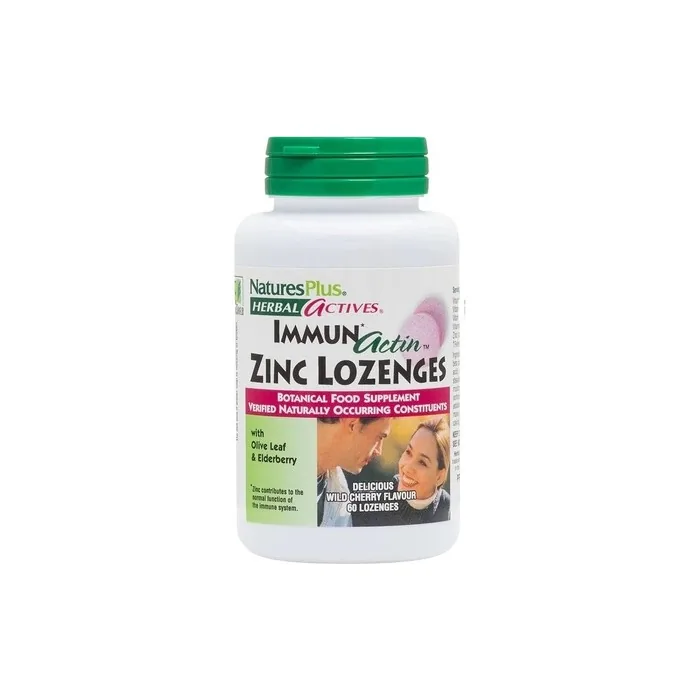 NaturesPlus Herbal Actives Immune Zinc Lozenges Chewable Zinc and Vitamin C Tablets with Olive Leaf and Elderberry Natural Cherry Flavour 60 Lozenges