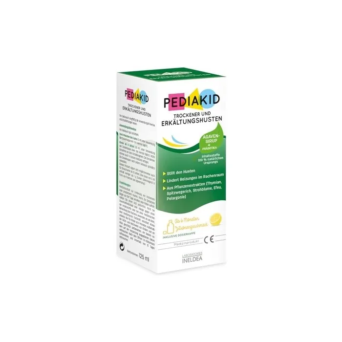 PEDIAKID Dry & Cold Cough Exclusive Formula with Agave Syrup Soothes Cough Relieves Throat Irritation Natural Lemon Flavor Medical Device 125ml