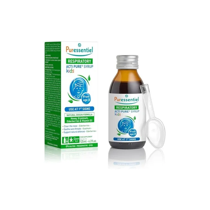 Puressentiel Acti Pure Kids Syrup 125ml Colds & Sore Throat Relieves immediately and decongestant Supports immunity 100% Natural Formula Suitable for Children aged 3+