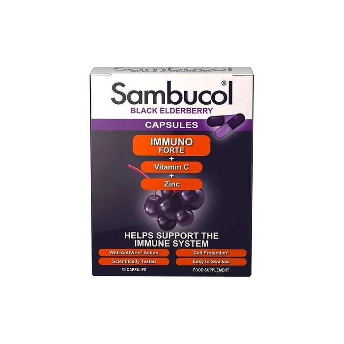 Sambucol Natural Black Elderberry Immuno Forte Capsules with Vitamin C and Zinc 30 Capsules
