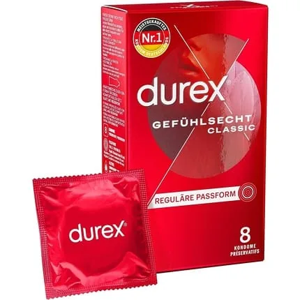 Durex Feel Real Classic Condoms - Thin Condoms with Anatomical Easy-On Shape and Silicone Lubricant - Pack of 8