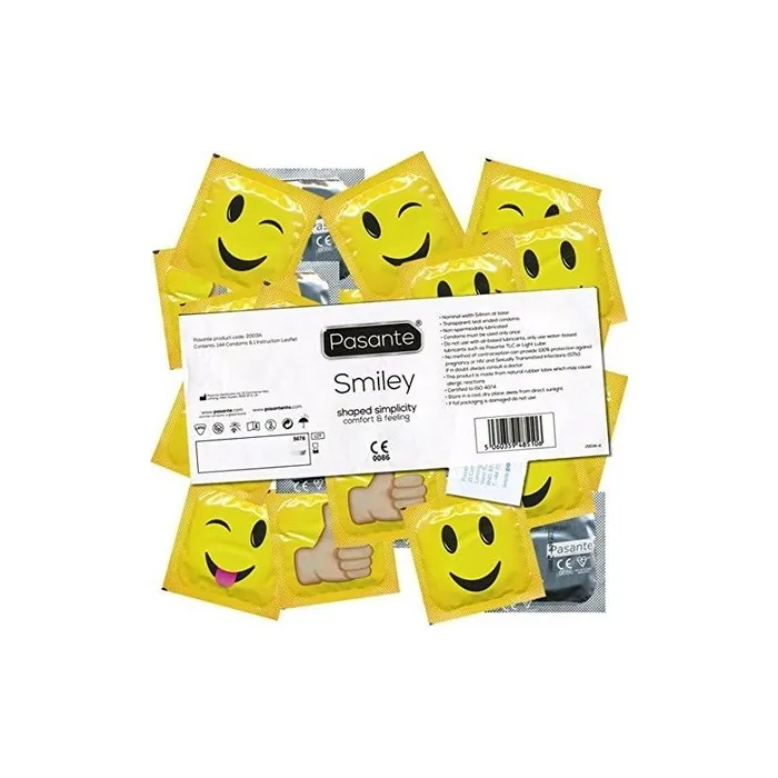 Pasante Smiley 144 Motif Condoms - Ideal for Teens, Bachelor Parties, and as Gifts for Men - Bulk Pack, Printed Foils
