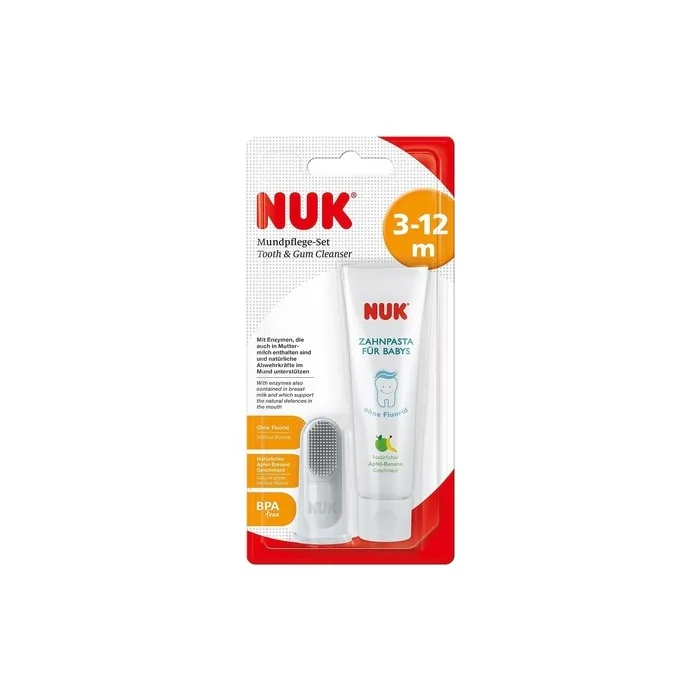 NUK Oral Care Set with Natural Apple/Banana Flavored Baby Toothpaste and Finger Toothbrush