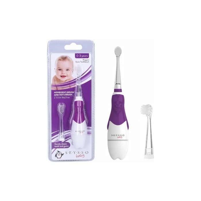 SEYSSO Baby Penguin Safe Sonic Electric Toothbrush for Children 0-3 Years Old with LED Light 16000 Soft Sonic Movements Battery Included & 2 Different Replacement Brush Heads