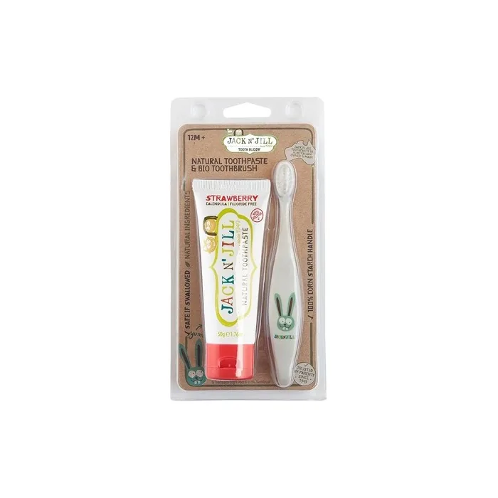 Jack N' Jill Strawberry Tooth Buddy Combo Pack Natural Certified Toothpaste and Kids Toothbrush - Bunny/Strawberry 2 Count