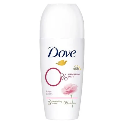 Dove Rose Scent Roll-On Deodorant 0% Aluminum Salts with 1/4 Moisturizing Cream and 48 Hour Protection 50ml