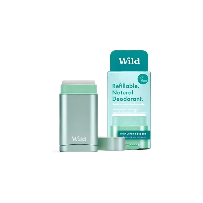 Wild Natural Refillable Deodorant Vegan Eco-Friendly Aluminum Free Long Lasting Protection 100% Natural Ingredients Starter Kit Aqua Case Fresh Cotton Sea Salt Refill 1.4oz 5.11 Ounce