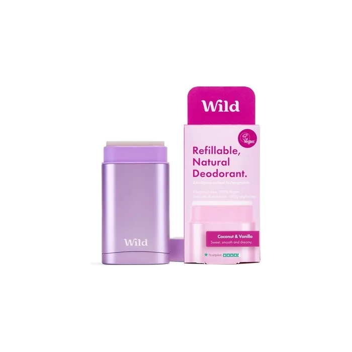 Wild Natural Refillable Deodorant Vegan Eco-Friendly Aluminum Free Long Lasting Protection 100% Natural Ingredients Starter Kit Purple Case Coconut Vanilla Refill 1.4oz
