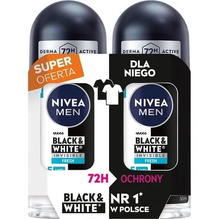 Nivea Men Antiperspirant Rollon Black & White Invisible Fresh Duo 2x50 Ml