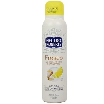 Neutro Roberts Deodorant Spray Fresh Yellow Bergamot and Ginger Aluminum-Free Stain-Free with Pure Glycerin Oil Deodorant for Men and Women Dermatologically Tested 150ml 48h