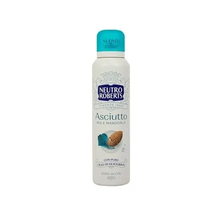 Neutro Roberts Dry Iris and Almond Deodorant Spray Zero Alcohol with Natural Cotton and Pure Glycerin Oil for Men and Women Dermatologically Tested 150ml 48h Iris and Almond