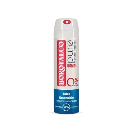 Borotalco Men's Deodorant Pure Spray with Essential Talc Formula Alcohol and Aluminum Salts Free Dry Odor Blocking Mineral Scent 72h Effectiveness