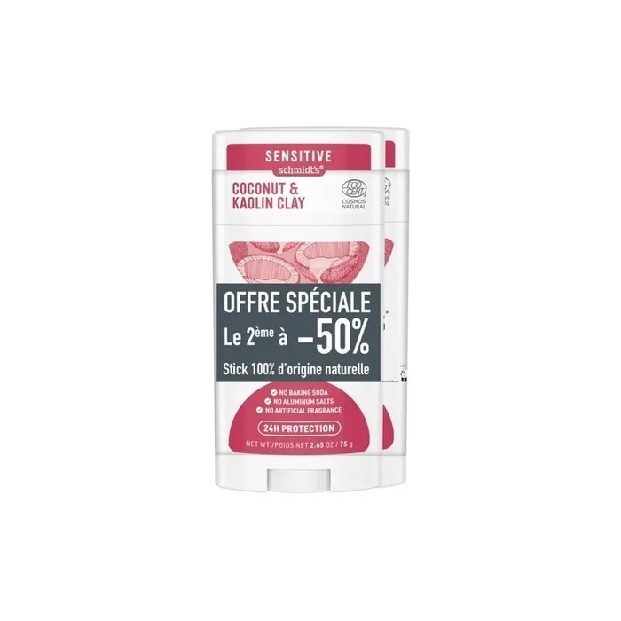 Schmidt's Sensitive Deodorant Stick Natural Coconut and Kaolin Clay - Pack of 2