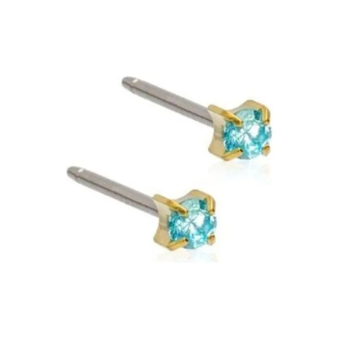 Blomdahl Hypoallergenic Golden Titanium 3mm CZ Aquamarine Prong Set Stud