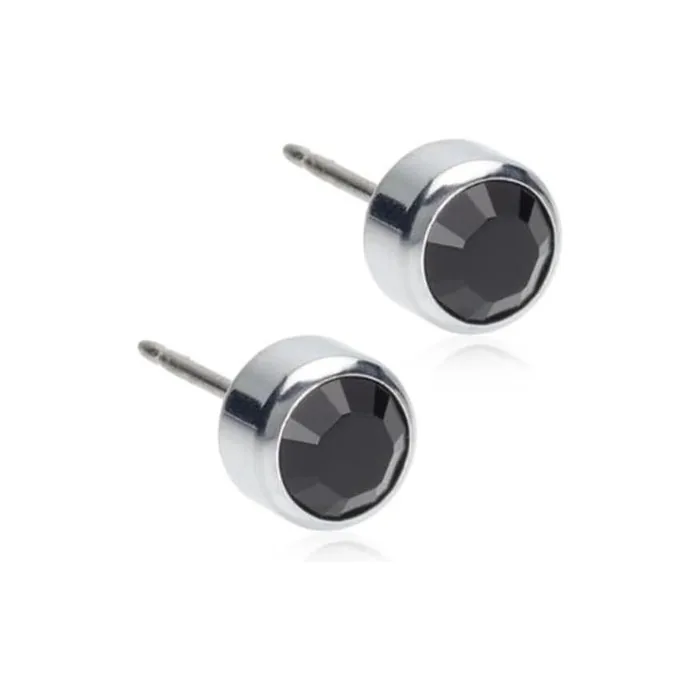 Blomdahl Hypoallergenic Silver Titanium Bezel Black Crystal Stud Earrings