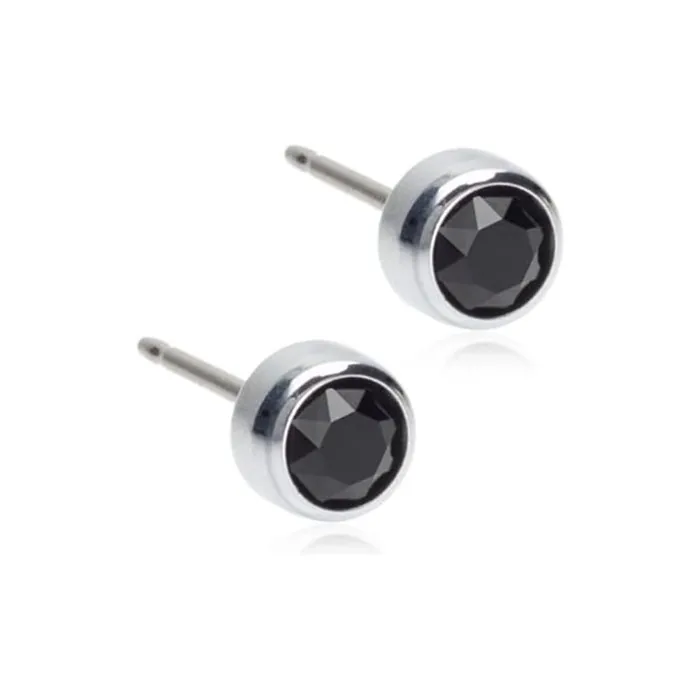 Blomdahl Hypoallergenic Silver Titanium Bezel Black Crystal Stud Earrings