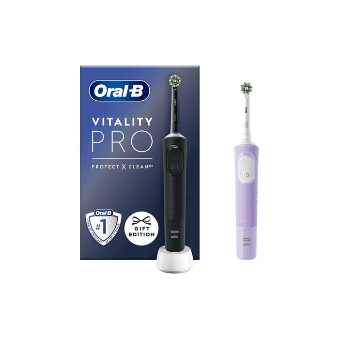 Oral-B Vitality Pro Electric Toothbrush Twin Pack with 2 Replacement Brushes 3 Cleaning Modes for Dental Care Designed by Braun Black Purple