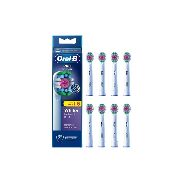 Oral-B Pro 3D White Electric Toothbrush Head X-Shaped Bristles Unique Polishing Cup Teeth Whitening Remove Surface Stains Pack of 8 Toothbrush Heads White Sole Rubber