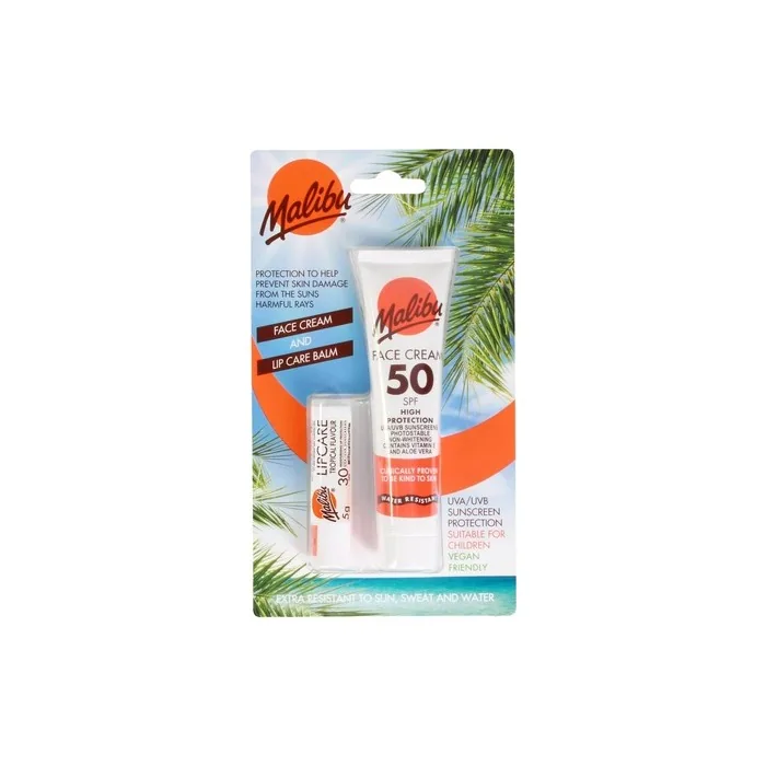 Malibu Sun Duo Pack SPF 50 Face Cream Sunscreen and SPF 30 Lip Balm Protection 40ml and 5g