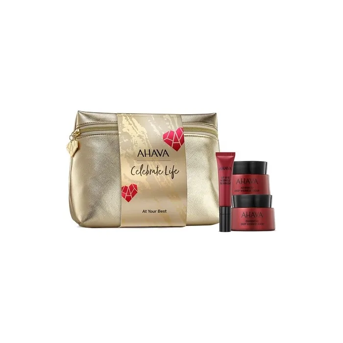 AHAVA At Your Best Dead Sea Wrinkle Treatment Set - Celebrate Life Holiday Gift Box with Overnight Deep Wrinkle Mask, Deep Wrinkle Day Cream, Lip Line Treatment - Dead Sea Anti-Aging Skincare Set