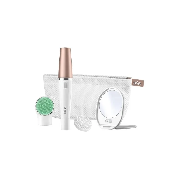 Braun FaceSpa Face Epilator with Facial Cleansing Brush Head Lighted Mirror and Beauty Pouch 851V White
