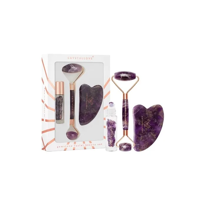 Crystallove Amethyst Facial Roller Set with Gua Sha Stone and Oil Crystals