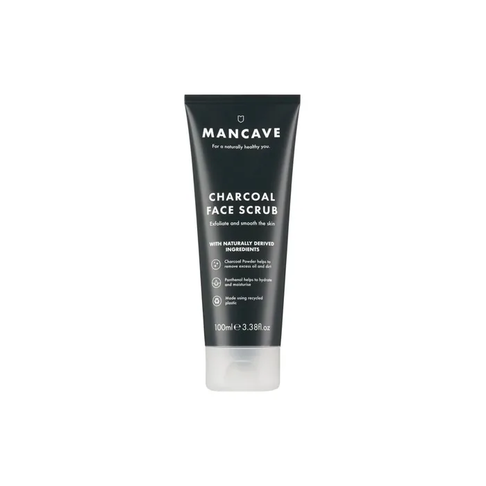 ManCave Charcoal Face Scrub 100ml for Men Exfoliate and Smooth Skin Dermatologically Tested Natural Formulation Vegan Friendly and Cruelty Free Tube made from Recycled Plastics Made in England