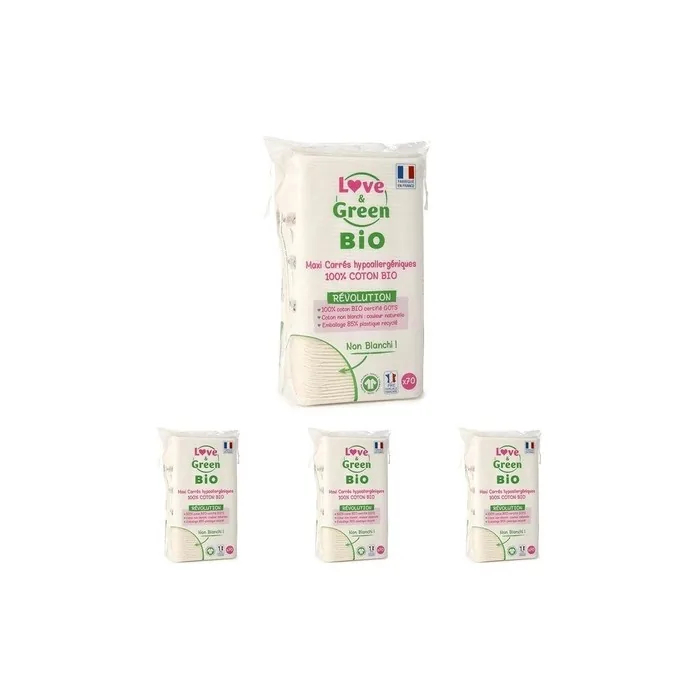 Love & Green Organic Cotton Maxi Squares 70 Count - Hypoallergenic