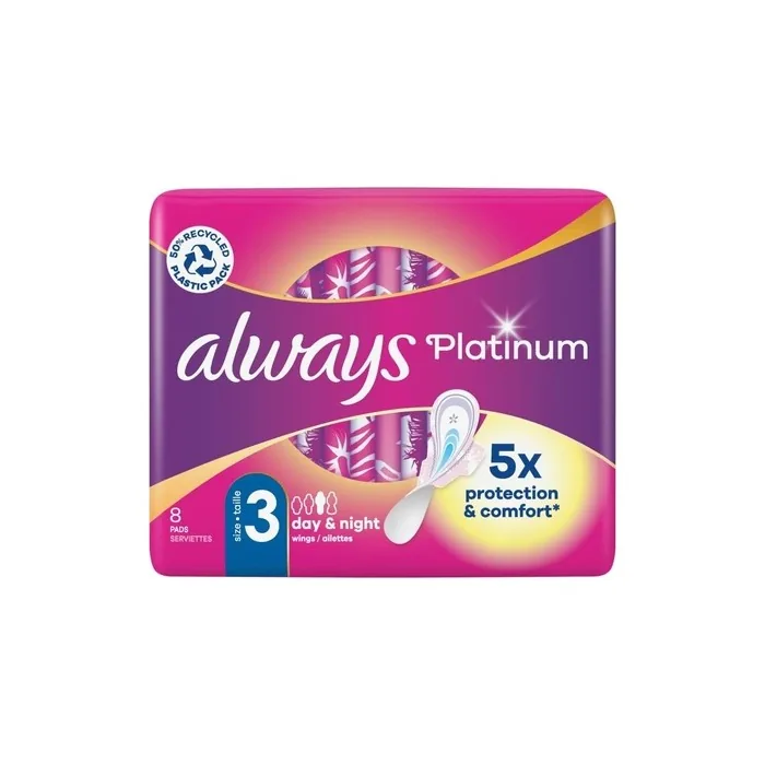 Always Platinum Night Sanitary Towels with Wings Size 3 8 Pads