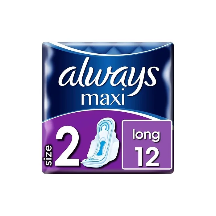 Always Maxi Long Pads with Wings Gr.2 12 Pack - Super Absorbent Core and Improved Leak Protection for Secure Comfort