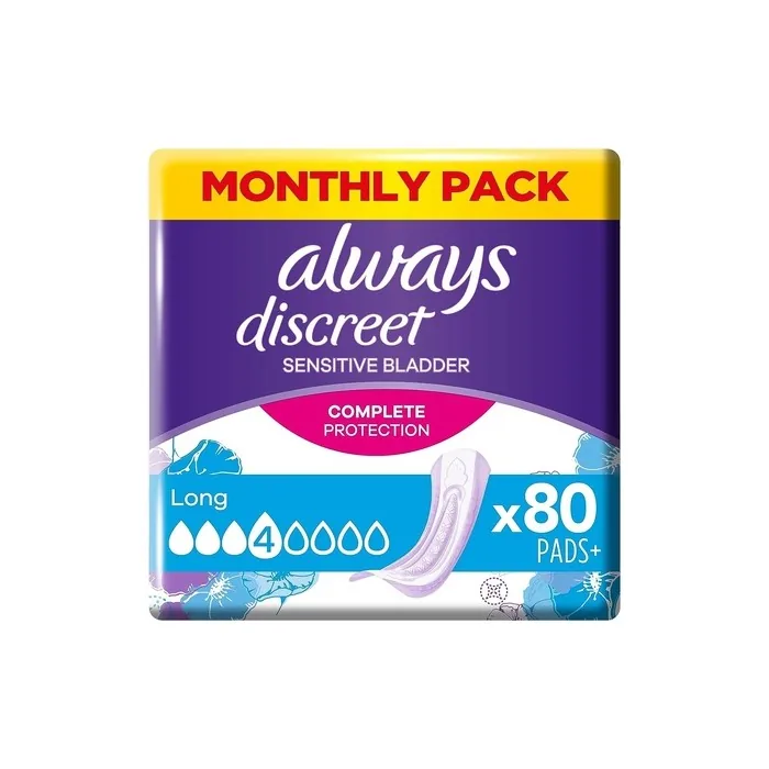 Always Discreet Incontinence Pads Women Long 80 High Absorbency Pads Odor Neutralizer 20 Count