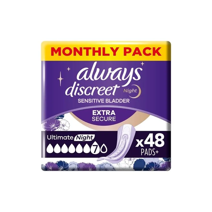 Always Discreet Incontinence Pads Plus Women Ultimate Night 48 High Absorbency Pads Odor Neutralizer