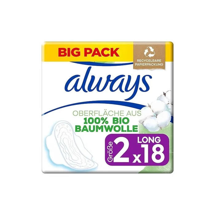 Always Cotton Protection Ultra Long Sanitary Pads with Wings 100% Organic Cotton Surface Size 2