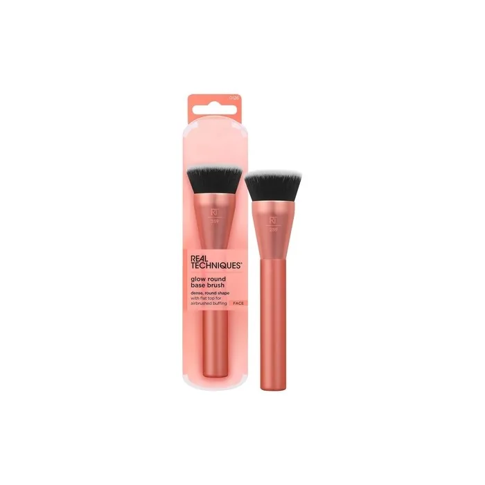 Real Techniques Glow Round Base Makeup Brush for Liquid and Cream Makeup Flat Top Foundation Brush Buffing Blending Coverage Dense Synthetic Bristles Vegan Cruelty Free 1 Count