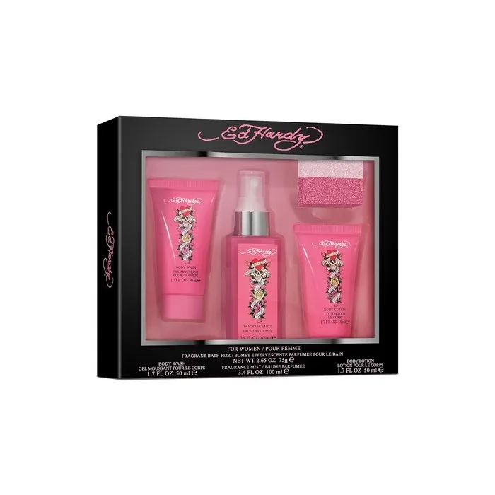 Ed Hardy by Christian Audigier for Women 4 Pc Gift Set Body Mist 3.4oz Body Lotion 1.7oz Body Wash 1.7oz Shower Steamer 2.65oz