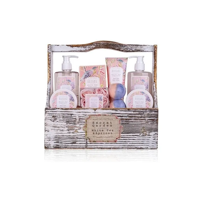 Accentra Secret Garden Gift Set 8-Piece Bath and Shower Set with White Tea & Apricot Fragrance - Decorative Wooden Basket