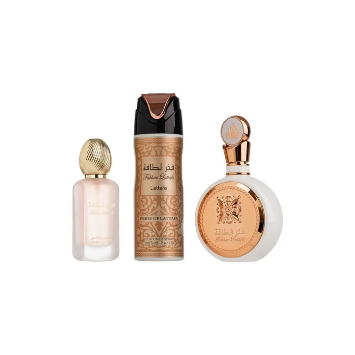 Lattafa Fakhar Woman Gift Set - Eau De Parfum 100ml, Hair Mist 50ml, Deo Spray 200ml